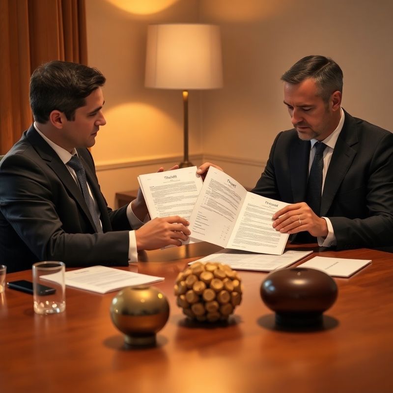 Doi profesioniști analizează un document de trust la o masă de conferințe
